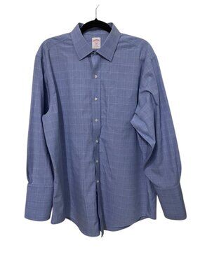 Brooks Brothers Blue Windowpane Non-Iron Dress Shirt Mens 16.5-32 French Cuff
